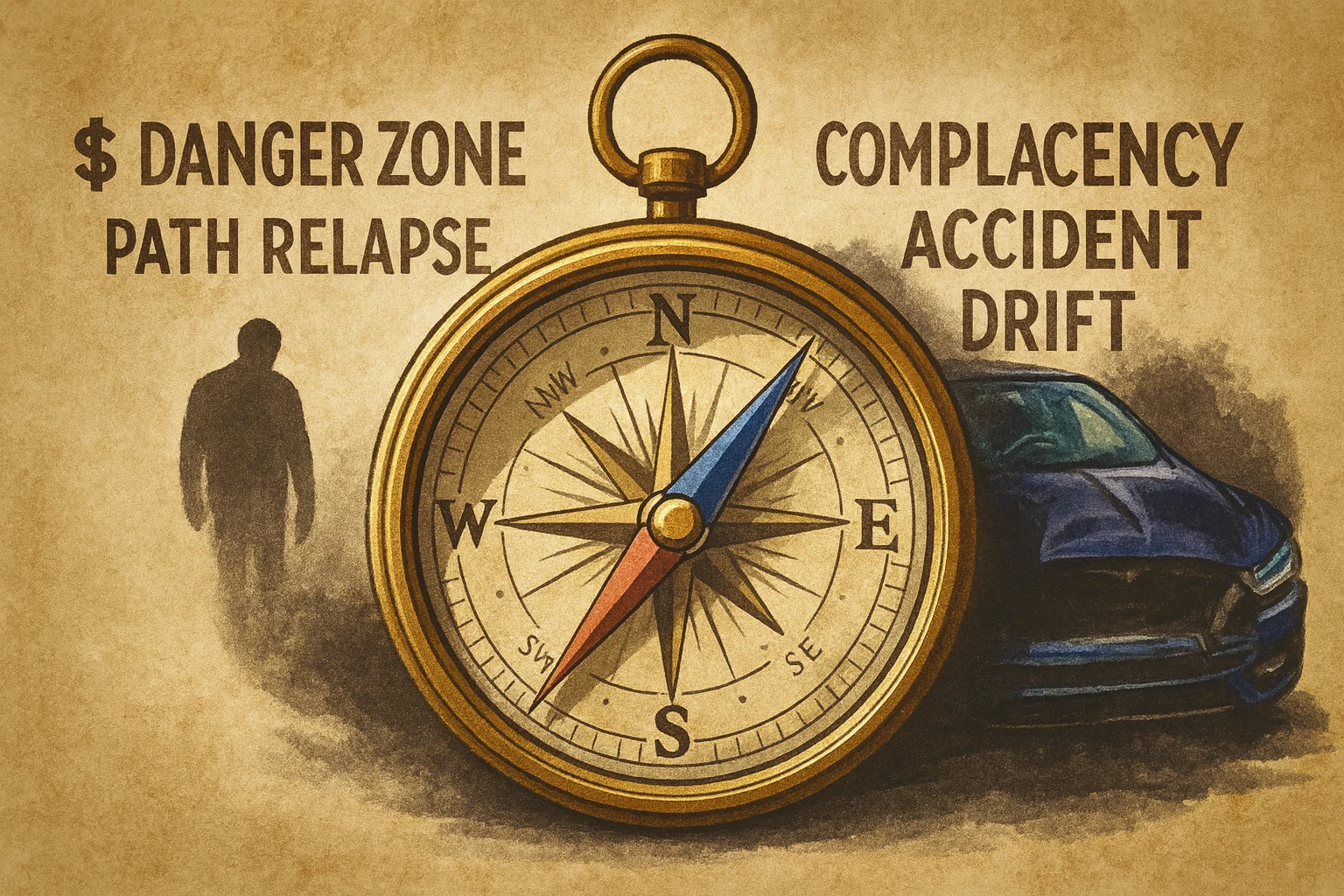 Compass illustrating danger zones, complacency, accident, drift and relapse